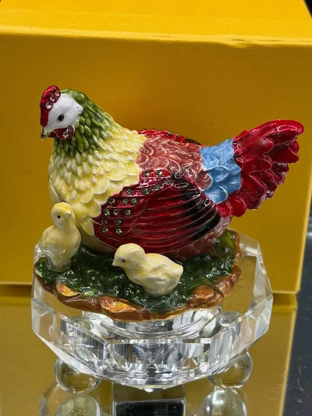 Enamel Hen with Chicks Hinged Trinket Box with Rhinestone Accents